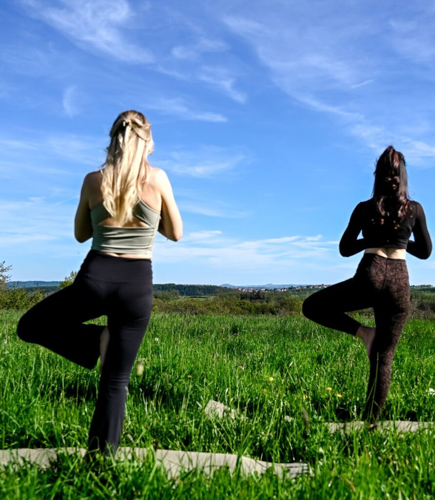 Zwei Frauen beim Yoga auf der Wiese